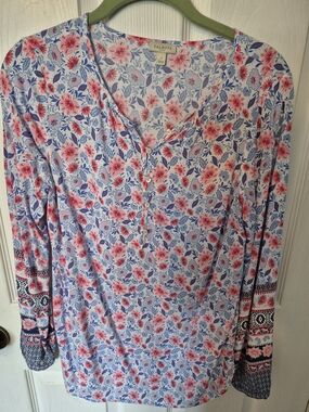 Talbots Coral Pink and Light Blue Floral Henley Blouse